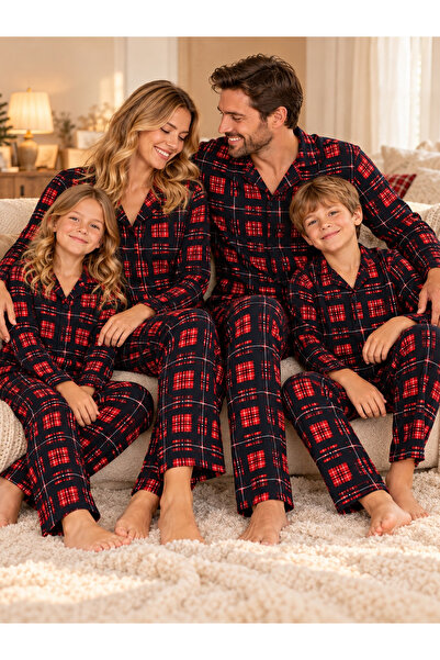 Free Beka Navy Blue Plaid Patterned Red Long Sleeve Buttoned Front Shirt Collar Family Pajama Set Combination