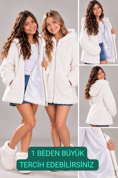 QUB CLUB Girl's Classic Drawstring Waist White Lined Plush Jacket Coat