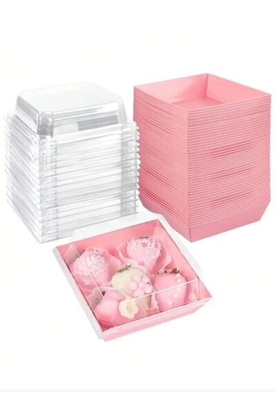 Choice 20pcs pink Pink dessert box with transparent lid, oil resistant kraft ...
