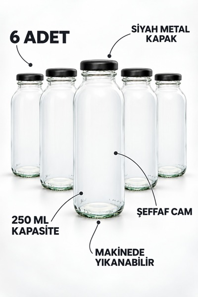 Milea 6 Adet Smoothie Şeffaf Meyve Suyu, Meşrubat, Limonata Şişesi Siyah Meta...
