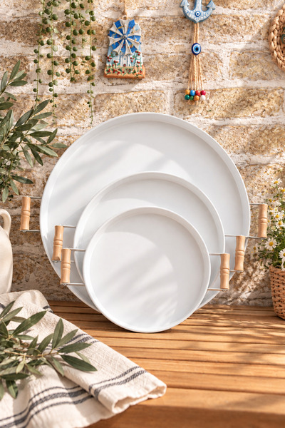 kitchen trend Set of 3 (51, 37, 30 CM) Metal Tray with Wooden Handles, Tea Tr...