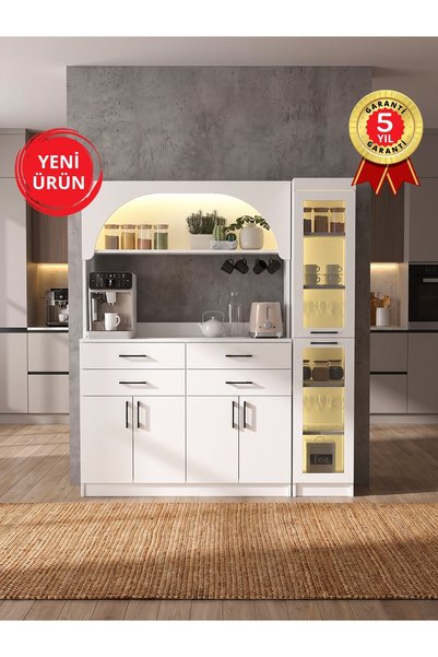dorpek Led Işıklı Temperli Cam Kapaklı Kahve Köşesi – 4 Çekmeceli 6 Kapaklı Ç...