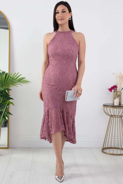 PULLIMM C Neck Glittery Lace Short Evening Dress 13299