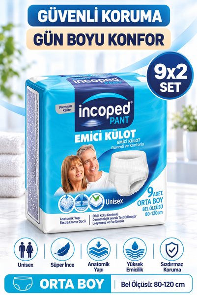 İncoped Premium Emici Külot Hasta Bezi - Yüksek Emicili Hasta ve Yetişkin Bezi Medium 9'lu 2 Paket - 9x2