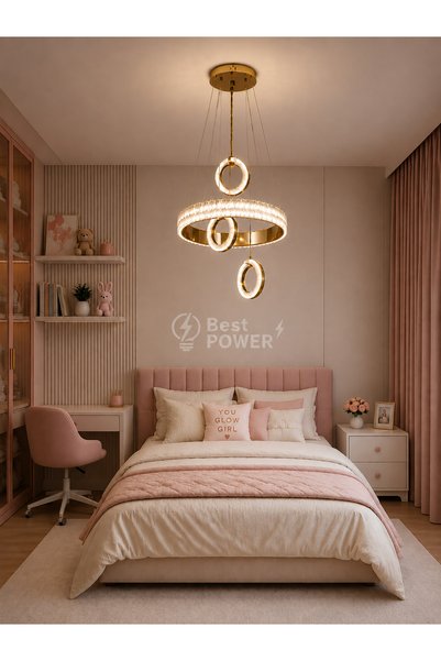 best power ثريا علاقي مودرن LED ذهبية بتصميم إطار دائري مرصع بالكريستال وعناصر دائرية متدلية و3 إضاءات - نجفة سقف 60 واط (موديل 6155)