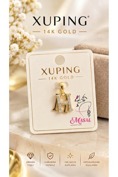 XUPING JEWELRY Zirkon Taşlı Harf H Kolye Ucu (14k Gold 1x1cm)