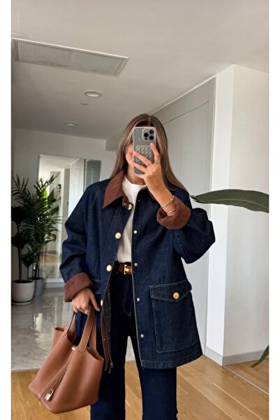 FEMMESTUDIO Kadın Kadife Yakalı Denim Ceket Kot