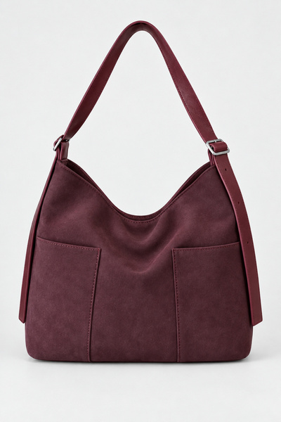Madamra Burgundy Suede Women's Hobo Shoulder Bag with Double Front Pockets an...
