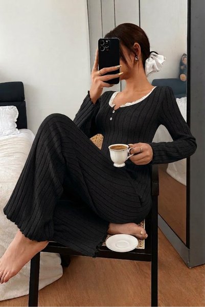 Biraltı Moda Set de pijamale pentru femei cu mâneci lungi, cu nasturi și deta...