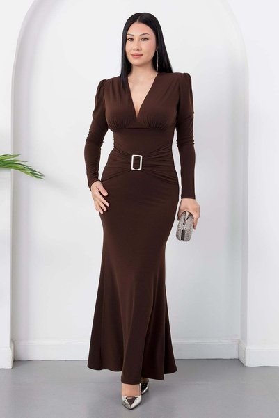 PULLIMM Rochie cu decolteu în V, mânecă lungă și cataramă în talie K-262757