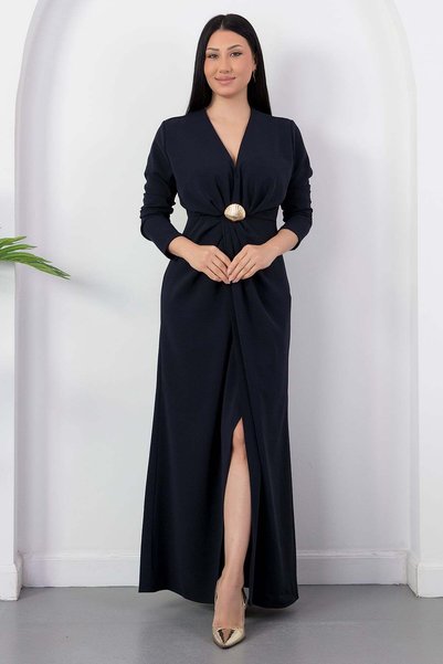 PULLIMM V Yaka Yırtmaçlı Tokalı Uzun Kol Elbise K-262739