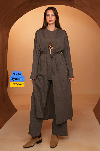 Balenbi Women's Knitwear Fabric Belted Basic 3-Piece Abaya Set 8617 Smoked
