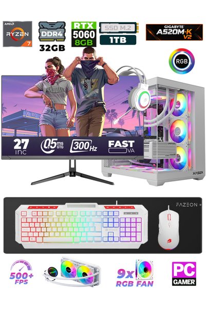 XASER Sword X55 Ryzen 7 5700X 32GB 1TB M.2 SSD 8GB RTX5060 27" 300Hz Sıvı Soğutmalı Oyuncu Bilgisayarı