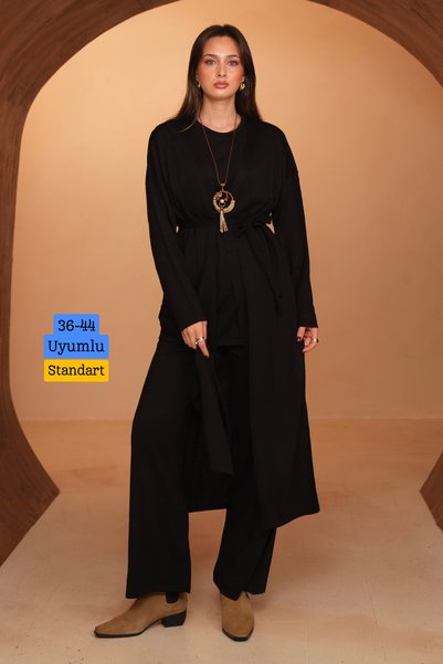 Balenbi Women's Knitwear Fabric Belted Basic 3-Piece Abaya Set 8617 Black