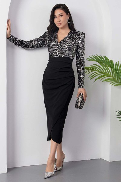 PULLIMM Rochie din crep cu paiete și decolteu petrecut, GRS3676