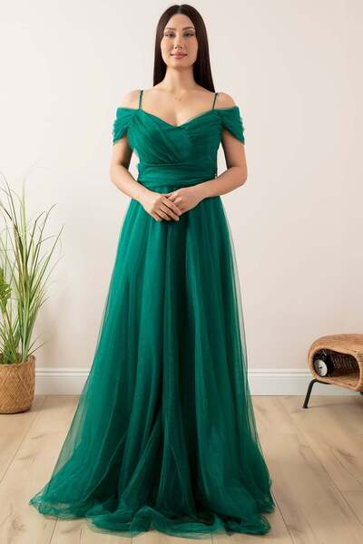 PULLIMM ASKILI MADONNA YAKA UZUN TÜL ELBİSE 13413