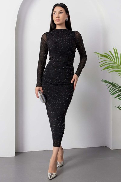 PULLIMM Rochie din tul cu drapaj, cu decolteu rotund, cu pietre, DKS1330