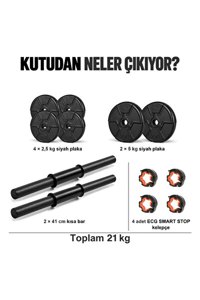 ECG 20 KG Ağırlık Plakası + 2 Kısa Bar (Toplam 21 KG) Dambıl Seti – Yerli Üretim, 2 Yıl Garantili, Dayan