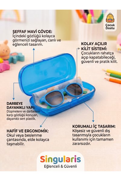 Singularis Mavi Renkli Çocuk Gözlük Kabı - Hafif Koruyucu Sert Plastik Gözlük...