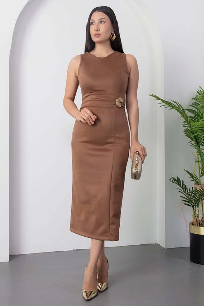PULLIMM Rochie din nubuc guler rotund cu cataramă în talie DKS1343