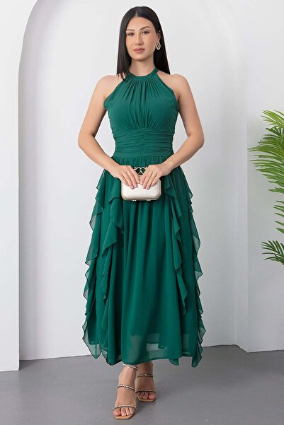 PULLIMM Halter Neckline Ruffle Chiffon Dress Els8561