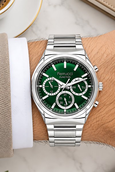 Ferrucci Function Men's Wrist Watch - Silver Color Case and Steel Band, Green Dial Zmfer063