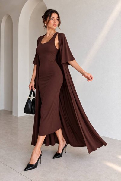 ARK MAĞAZALARI U-Necklace Sleeveless Dress and Long Cardigan 2-Piece Set