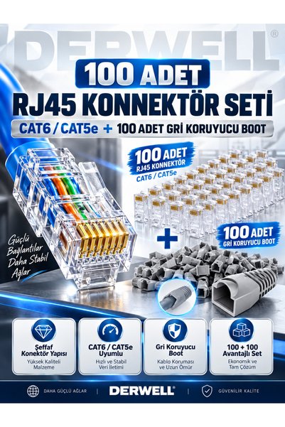 Derwell 100 Adet Cat6 Yeni Nesil Delikli Rj45 Jak + 100 Adet Rj45 Cat5/6 Cove...
