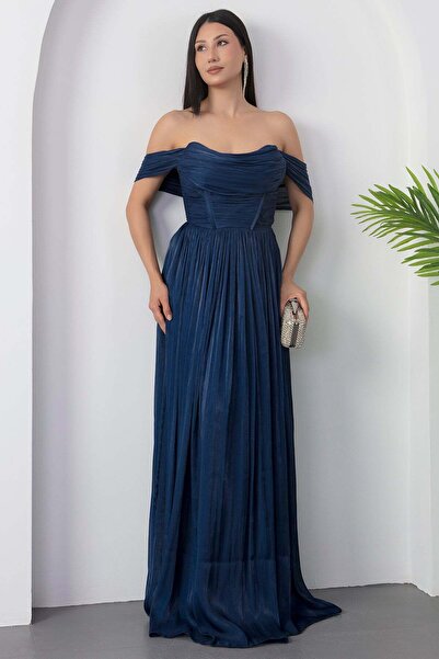 PULLIMM Strapless Neckline Sleeve Front Detail Evening Dress Ecr5628
