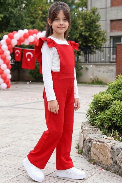 Parla Kids Girl's Berlin Red Cotton Frilly Tie Detailed Jumpsuit Salopet Buckle Suit