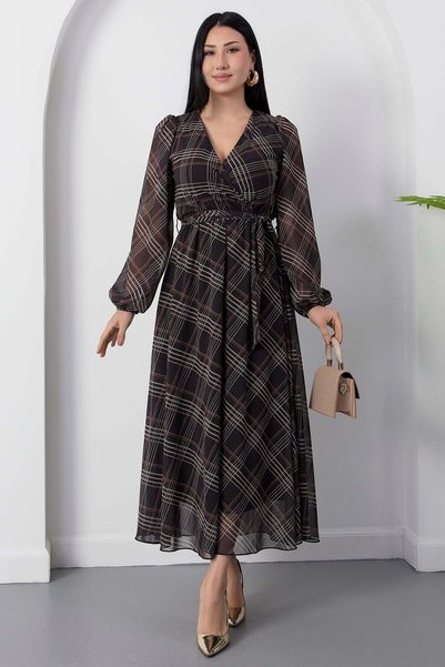 PULLIMM Рокля с дълъг ръкав, пресечена яка и тартан шифон 2026-4527