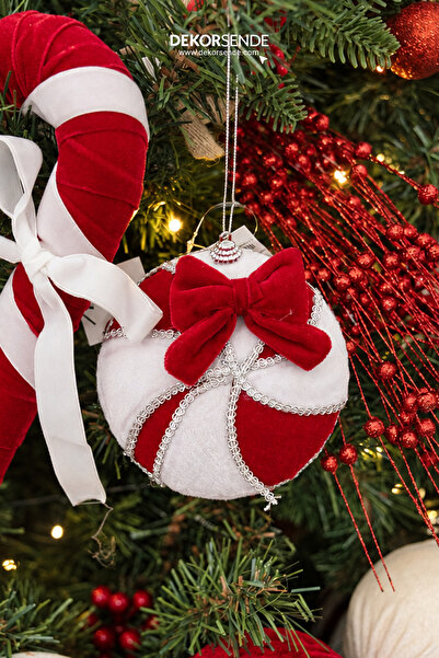 Dekorsende Christmas Ornament Candy Red Velvet Ribbon Round White 13 cm
