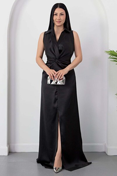PULLIMM Rochie din satin cu guler tip cămașă și talie înnodată K-261737