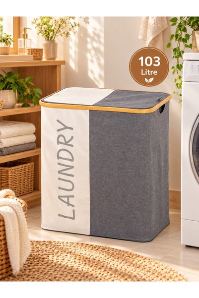 Porsima Mio-103 Bambu 2 Bölmeli Banyo Kirli Çamaşır Sepeti Banyo Düzenleyici ...