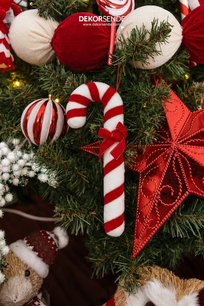 Dekorsende Christmas Ornament Cane with Velvet Candy Bow Red and White 25 cm