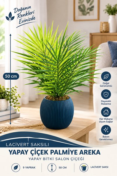 ledison LACİVERT SAKSILI YAPAY ÇİÇEK PALMİYE AREKA YAPAY BİTKİ SALON ÇİCEĞİ 9...