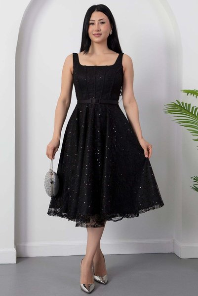 PULLIMM Square Neck Sequined Lace Dress with Gloplu Bal165