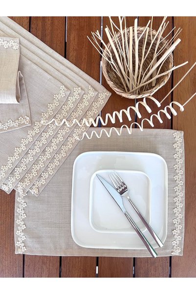 desenizmir American Service, Jute Textured, Linen Linen Beige Leaf 6 Pieces