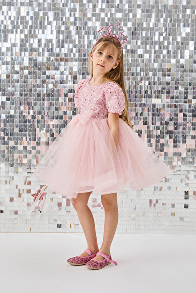 Le Mabelle Powder Beaded Sequined Short Sleeve Girls' Dress - Gloria