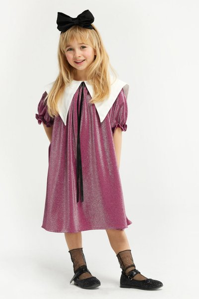 Le Mabelle Fuchsia Glittery Collar Detailed Short Sleeve Girls' Dress - Bethany