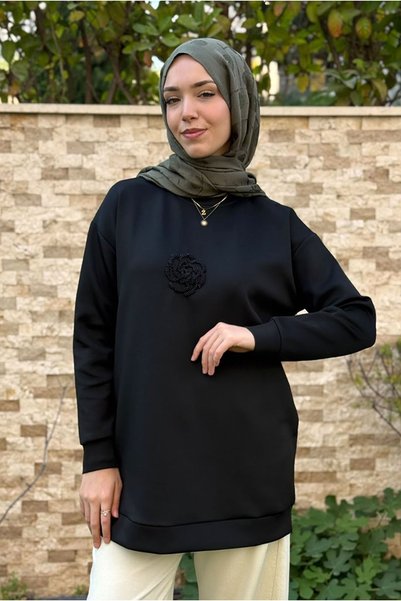 Moda Rosa 27K4445 - SİYAH - MY MAGAZİN - ÇİÇEK TAŞ İŞLEMELİ SCUBA SWEAT