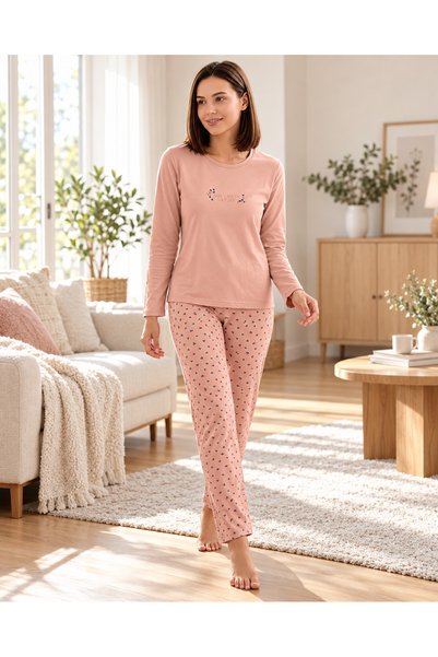 Alperi Women's Viscose Pajama Set Long Sleeve Crew Neck Patterned Trousers Mo...