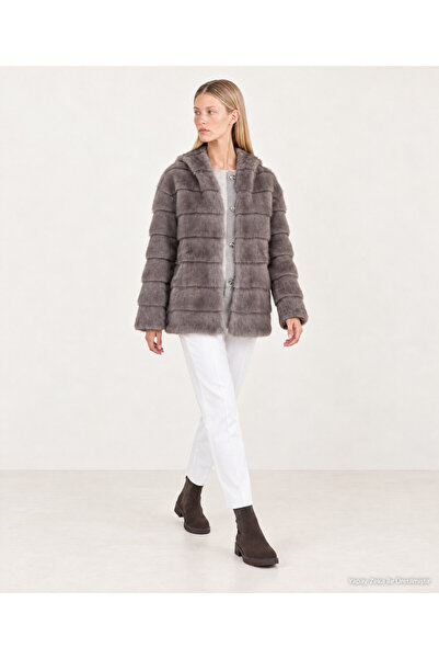 Yargıcı Regular High Collar Long Sleeve Faux Fur Coat
