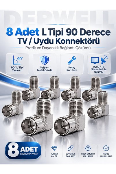 Derwell 8 Adet Hızlı F Konnektör L Fiş 90 Derece Anten Başlığı Quick Fiş Için...
