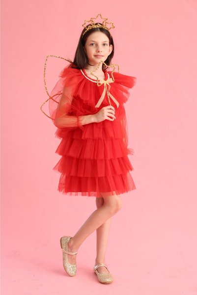 Le Mabelle Red Layered Long Sleeve Girls' Tulle Dress - Laura