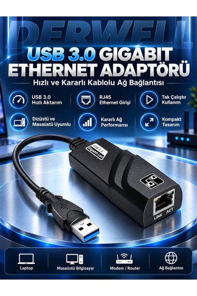 Derwell Harici İnternet 1000 Mbps Gigabit Tip C USB 3.0 Kablolu Ağ Kartı USB ...