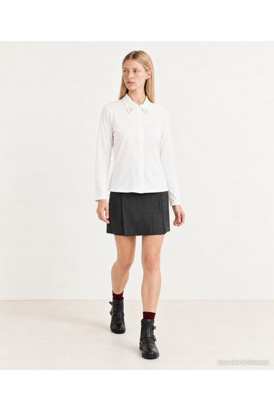 Yargıcı Stone Detailed Shirt Collar Long Sleeve T-Shirt