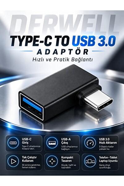 Derwell USB-C to USB-A Dişi Dönüştürücü OTG Adaptör - 90 Derece Açılı L Tipi ...