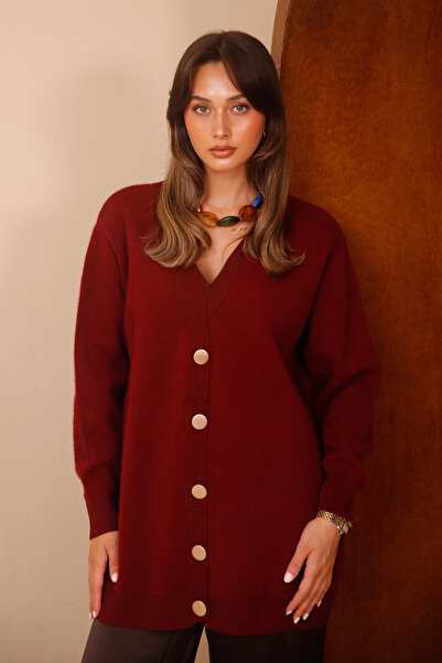Balenbi Women's V-Neck Bronze Buttoned Bearded Knitwear Cardigan 1142 Claret Red