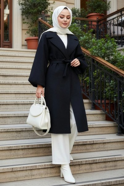 N.S NEVA STYLE Belted Black Hijab Cashmere Coat 61631S